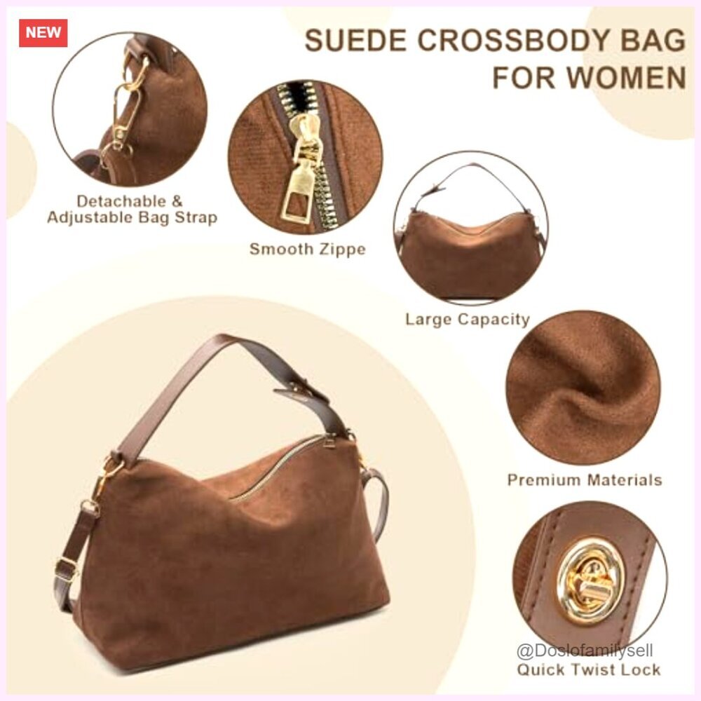 Suede Crossbody Bag Adjustable Strap Shoulder Tote Handbag - Picture 6 of 7
